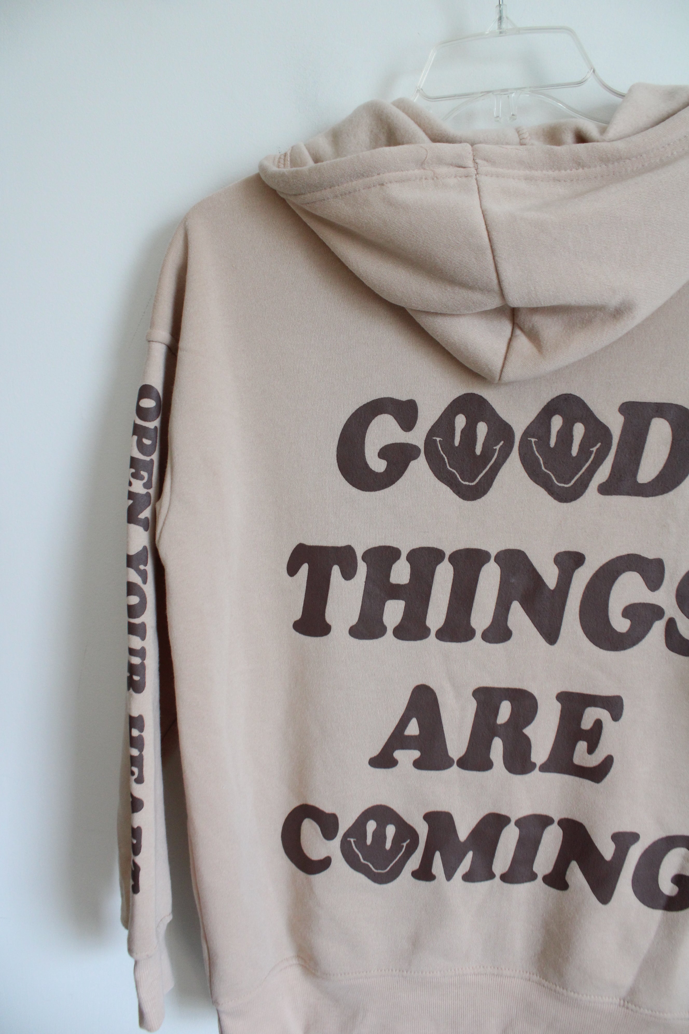 Orange Kiss Tan "Good Things Are Coming" Smiley Face Zip-Up Hoodie | M