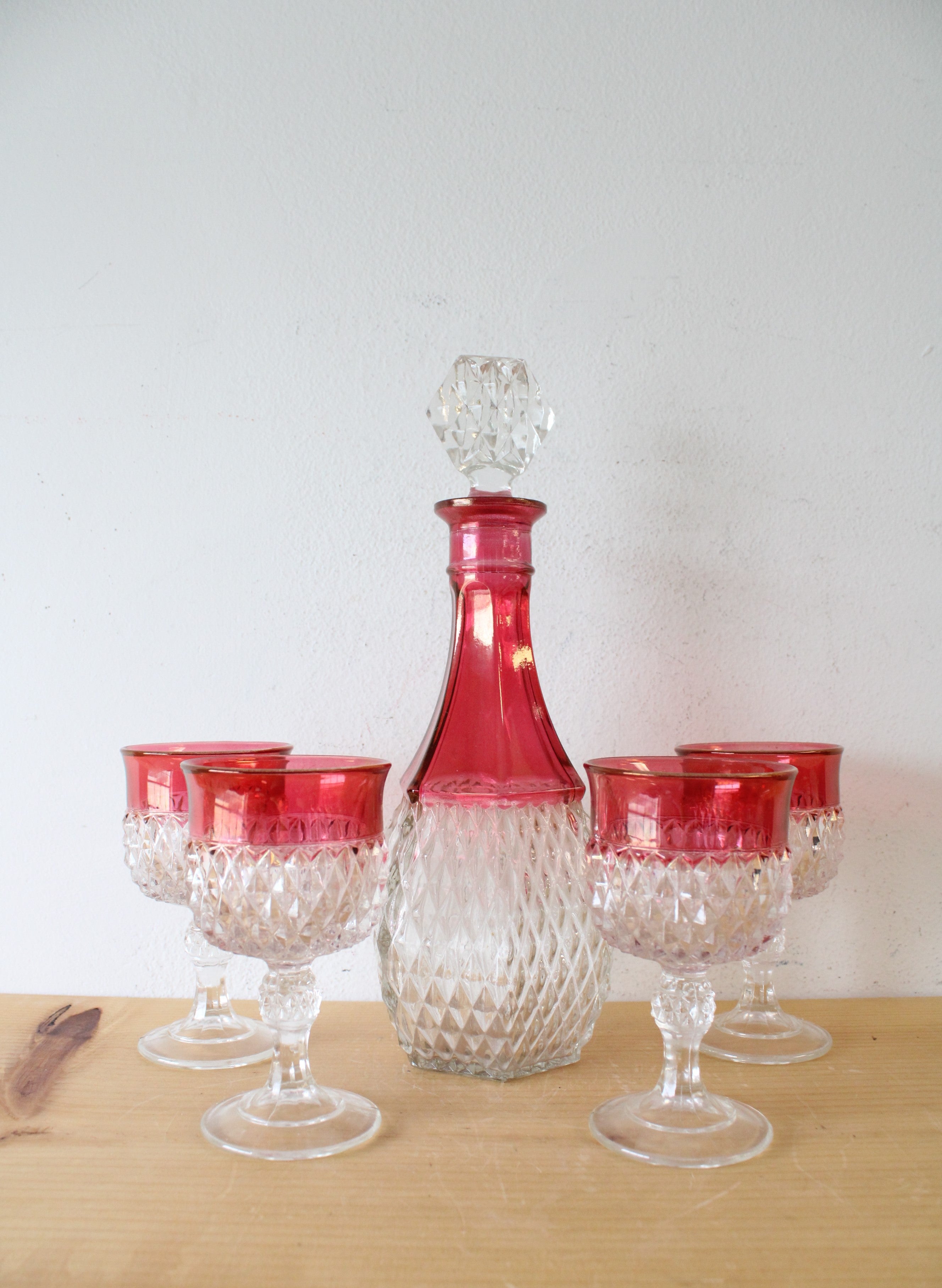 Vintage Indiana Glass Ruby Red Diamond Point Decanter & 4 Goblets