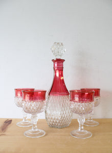 Vintage Indiana Glass Ruby Red Diamond Point Decanter & 4 Goblets