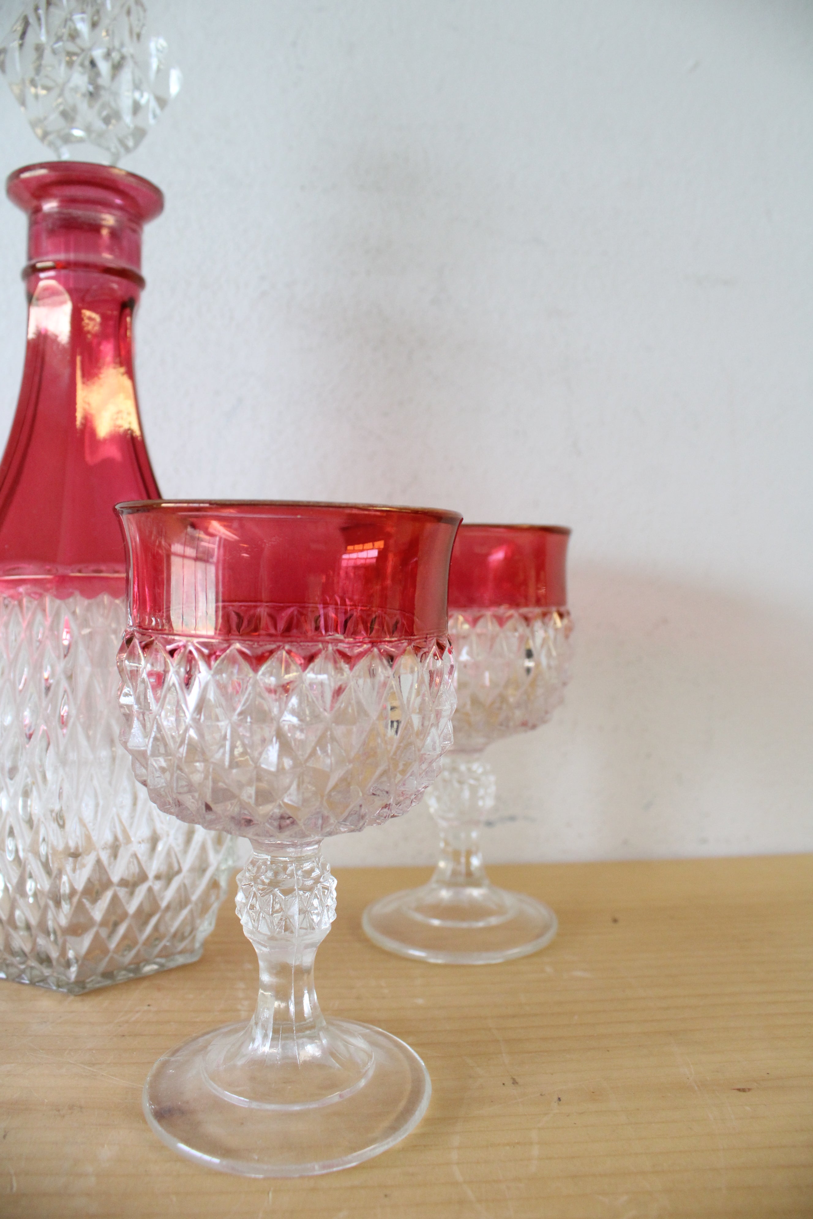 Vintage Indiana Glass Ruby Red Diamond Point Decanter & 4 Goblets