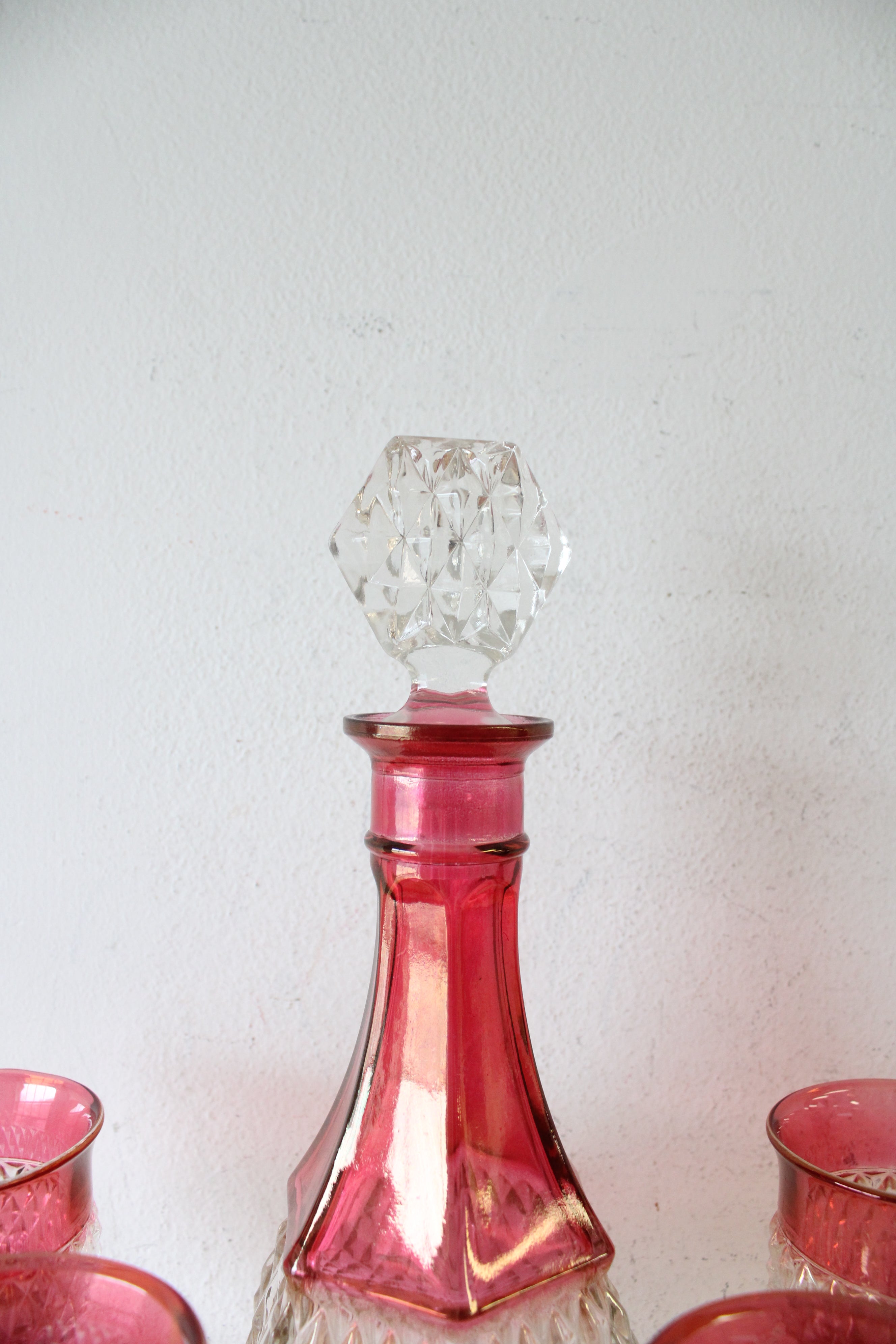 Vintage Indiana Glass Ruby Red Diamond Point Decanter & 4 Goblets