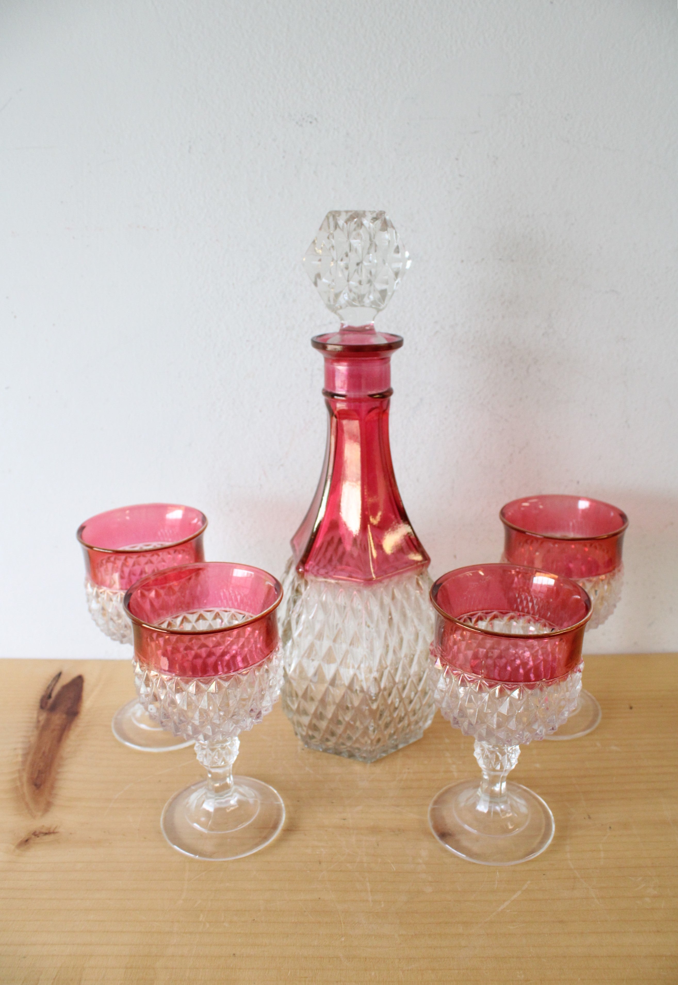 Vintage Indiana Glass Ruby Red Diamond Point Decanter & 4 Goblets