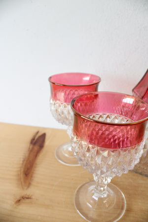 Vintage Indiana Glass Ruby Red Diamond Point Decanter & 4 Goblets