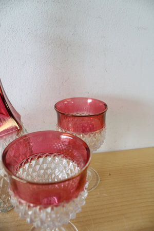 Vintage Indiana Glass Ruby Red Diamond Point Decanter & 4 Goblets