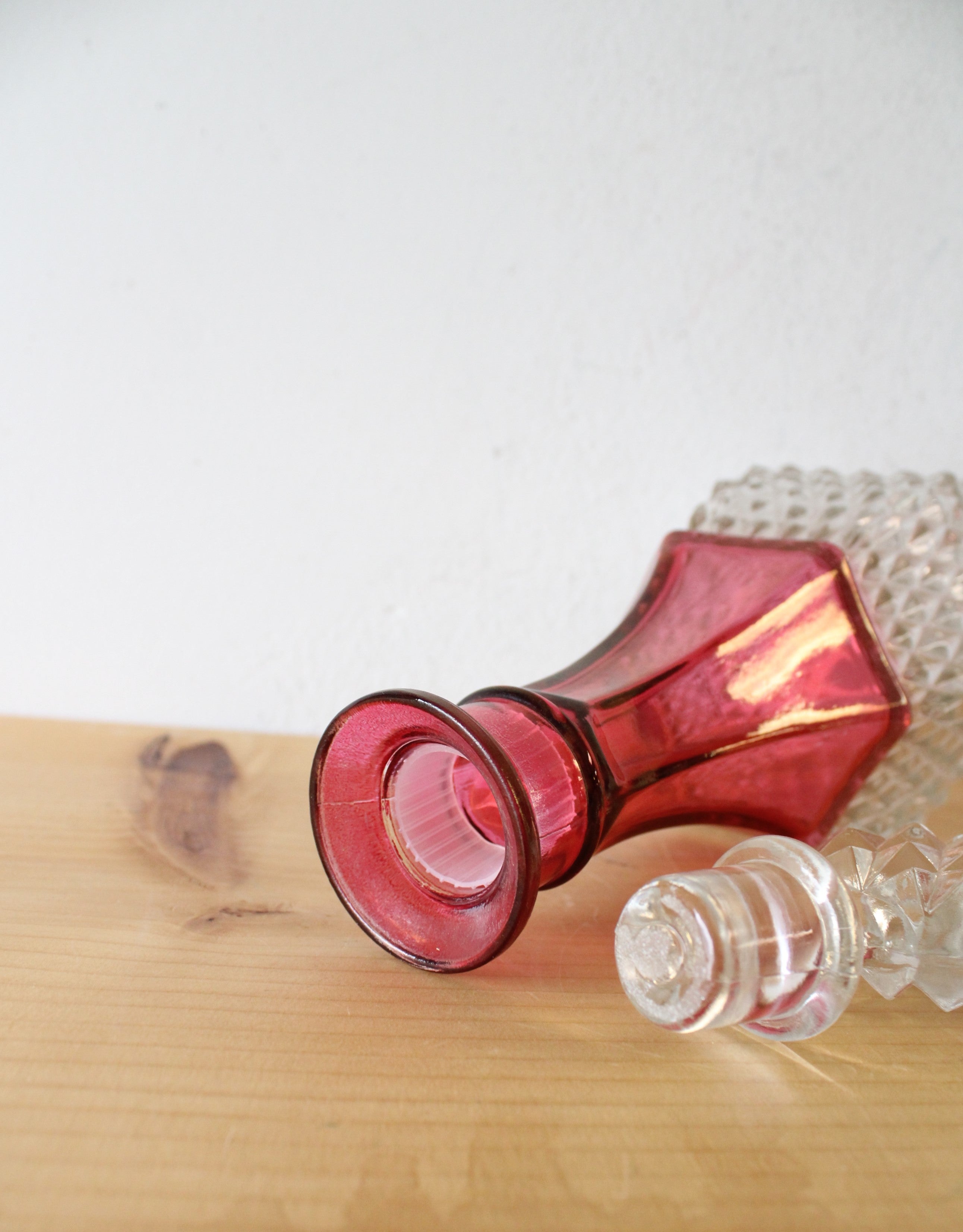 Vintage Indiana Glass Ruby Red Diamond Point Decanter & 4 Goblets