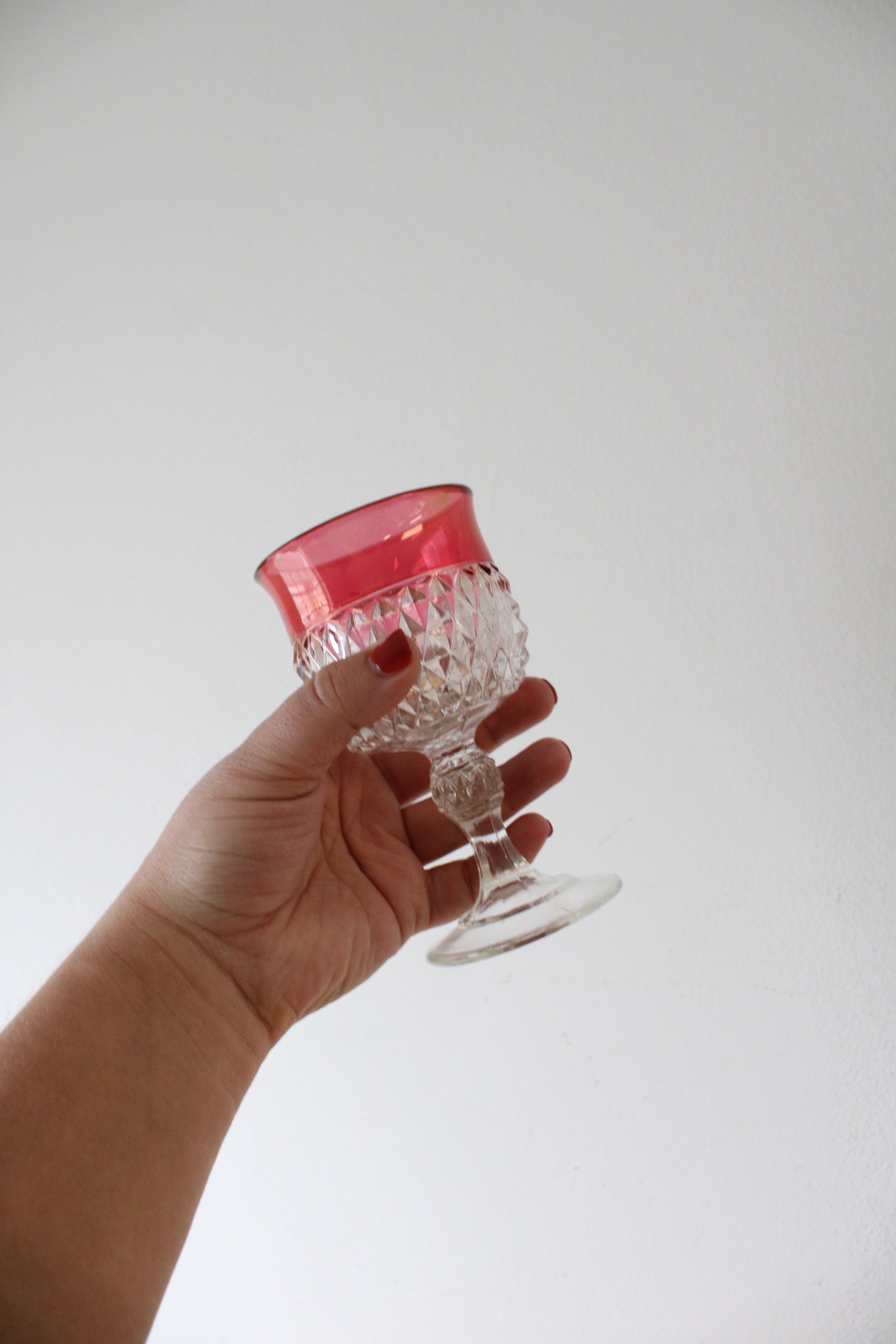 Vintage Indiana Glass Ruby Red Diamond Point Decanter & 4 Goblets