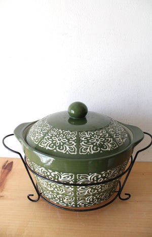 Temp-Tations Carved Medallion 2.5 QT Green Ceramic Crock Serving Dish