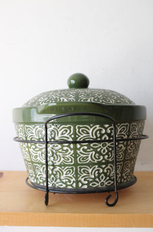 Temp-Tations Carved Medallion 2.5 QT Green Ceramic Crock Serving Dish