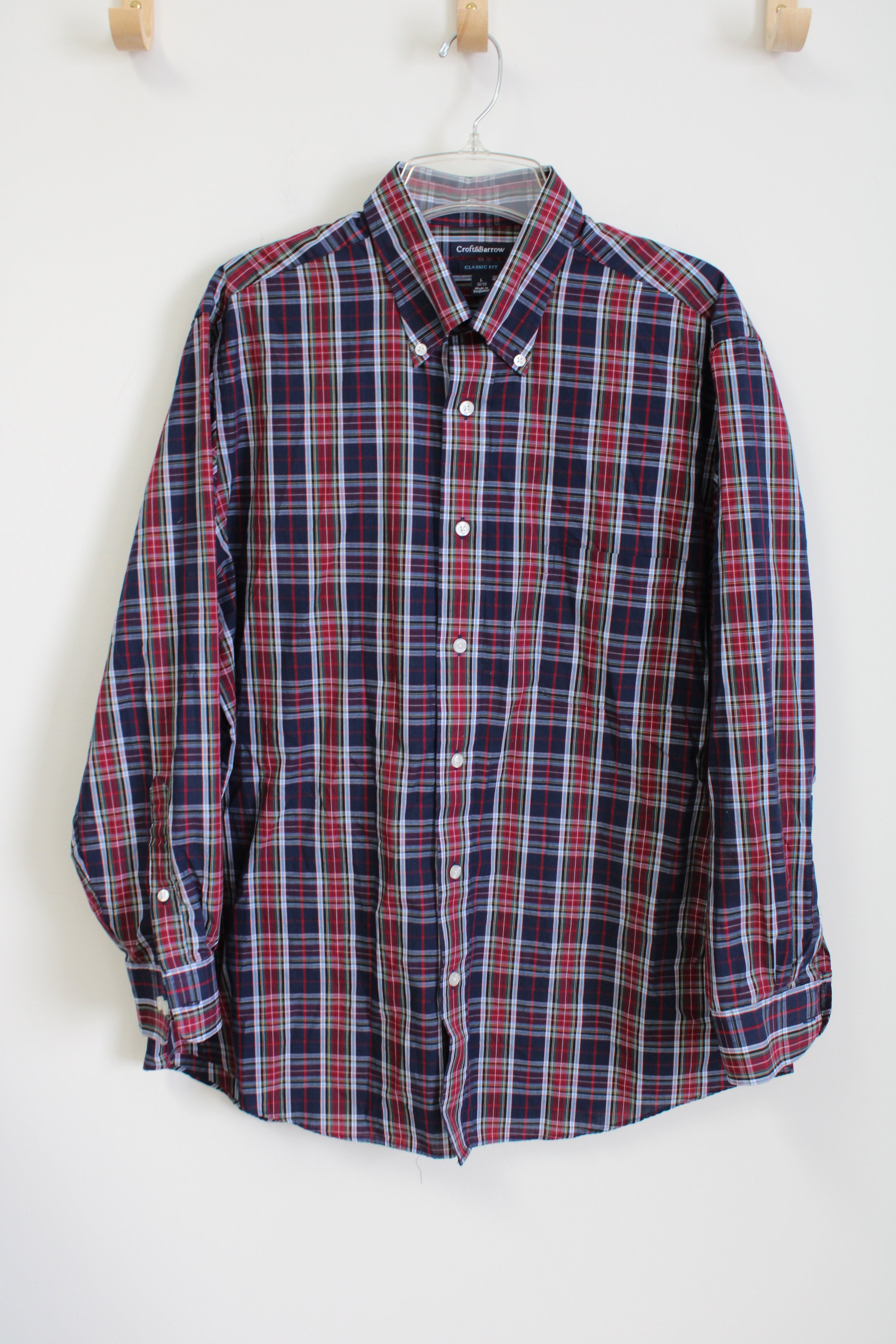 Croft & Barrow Classic Fit Blue Red Plaid Button Down Shirt | L (32/33)