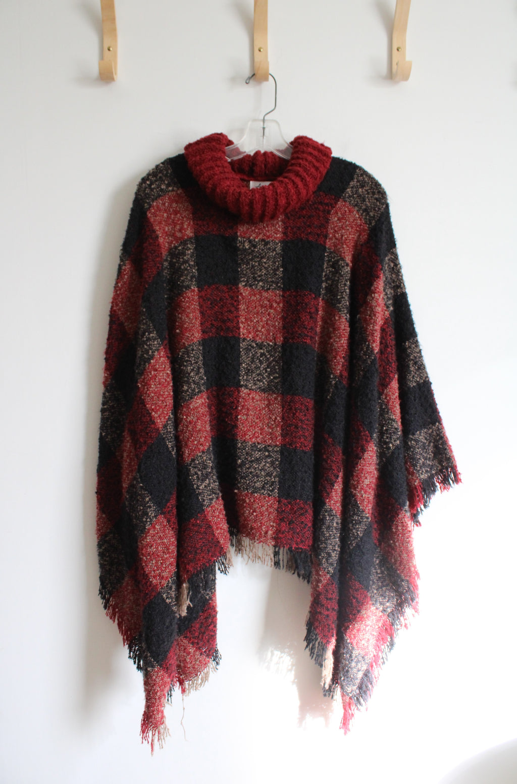 Arianna Red Black & Tan Plaid Cowl Neck Poncho | O/S