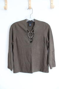 The Limited Stretch Green Brown Silver Ring Neck Top | L