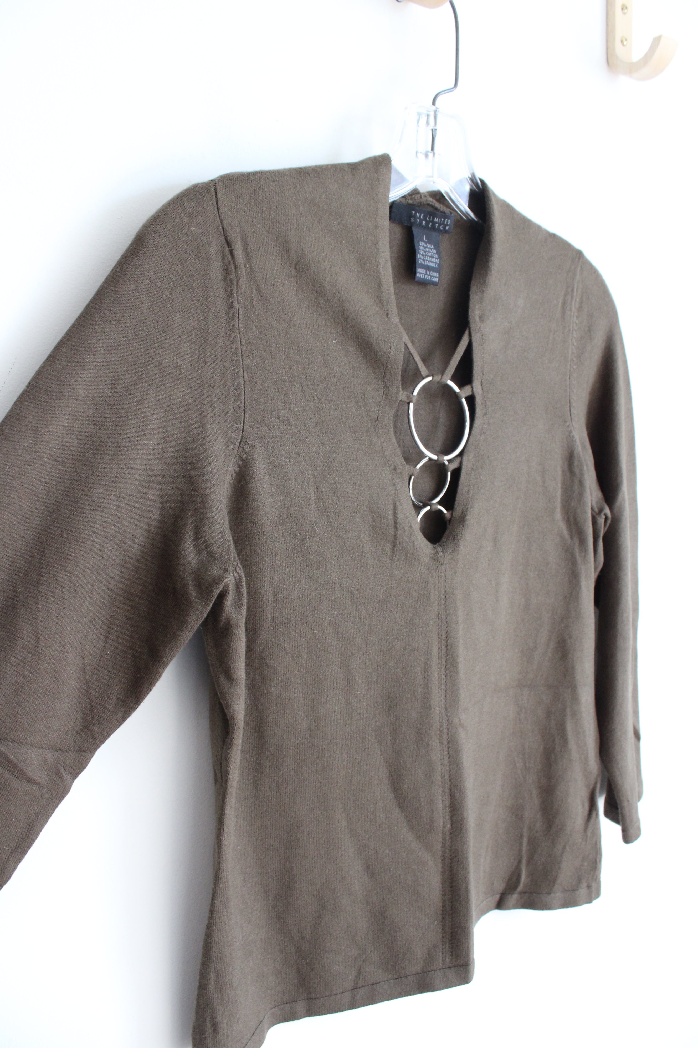 The Limited Stretch Green Brown Silver Ring Neck Top | L