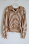 Embossed Brown White Striped Collared Sweater | L