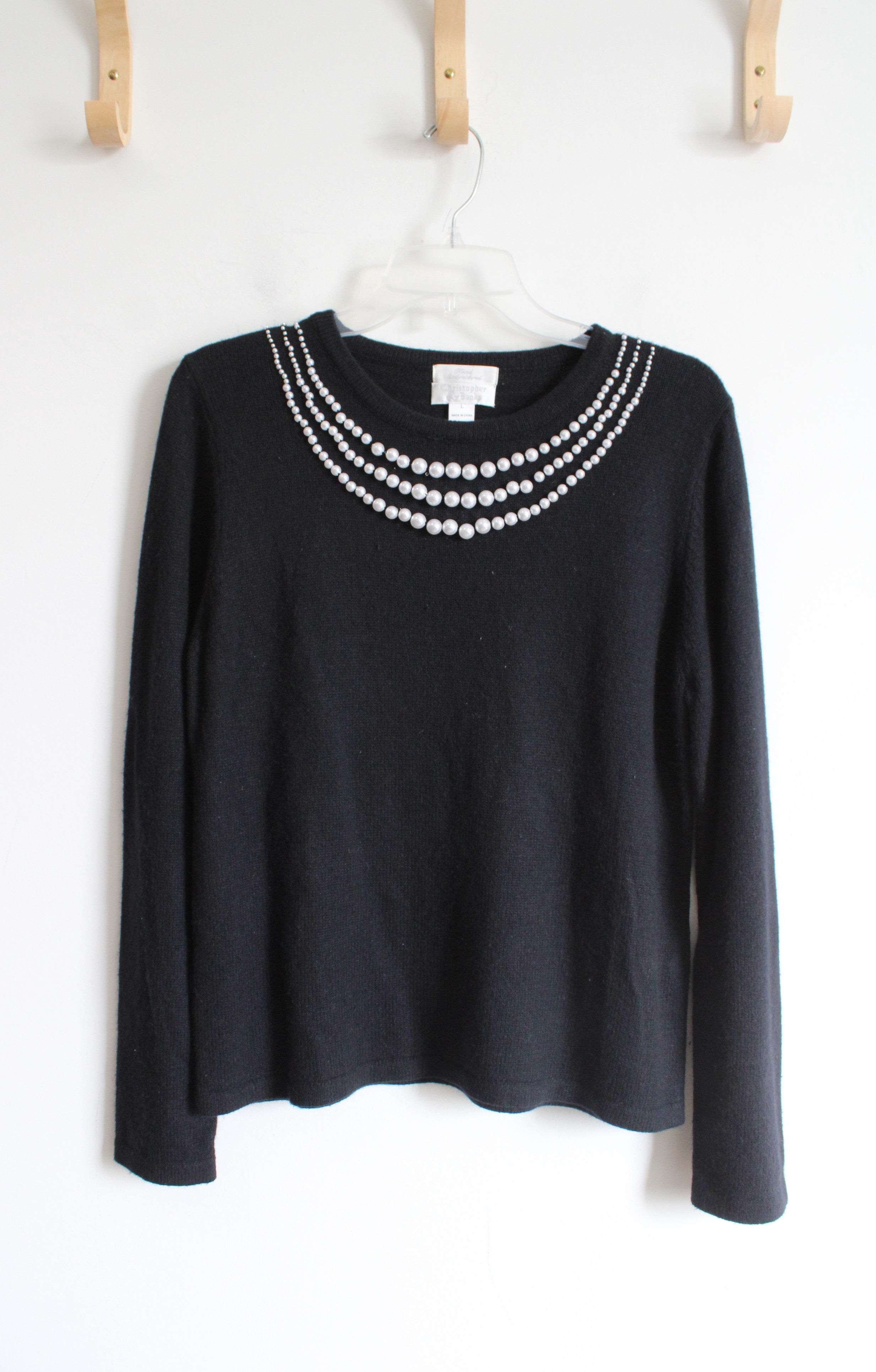 Christopher & Banks Black Pearl Trimmed Silk Blend Sweater | L