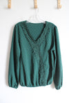 Green Textured Lace Trimmed Long Sleeved Top | L