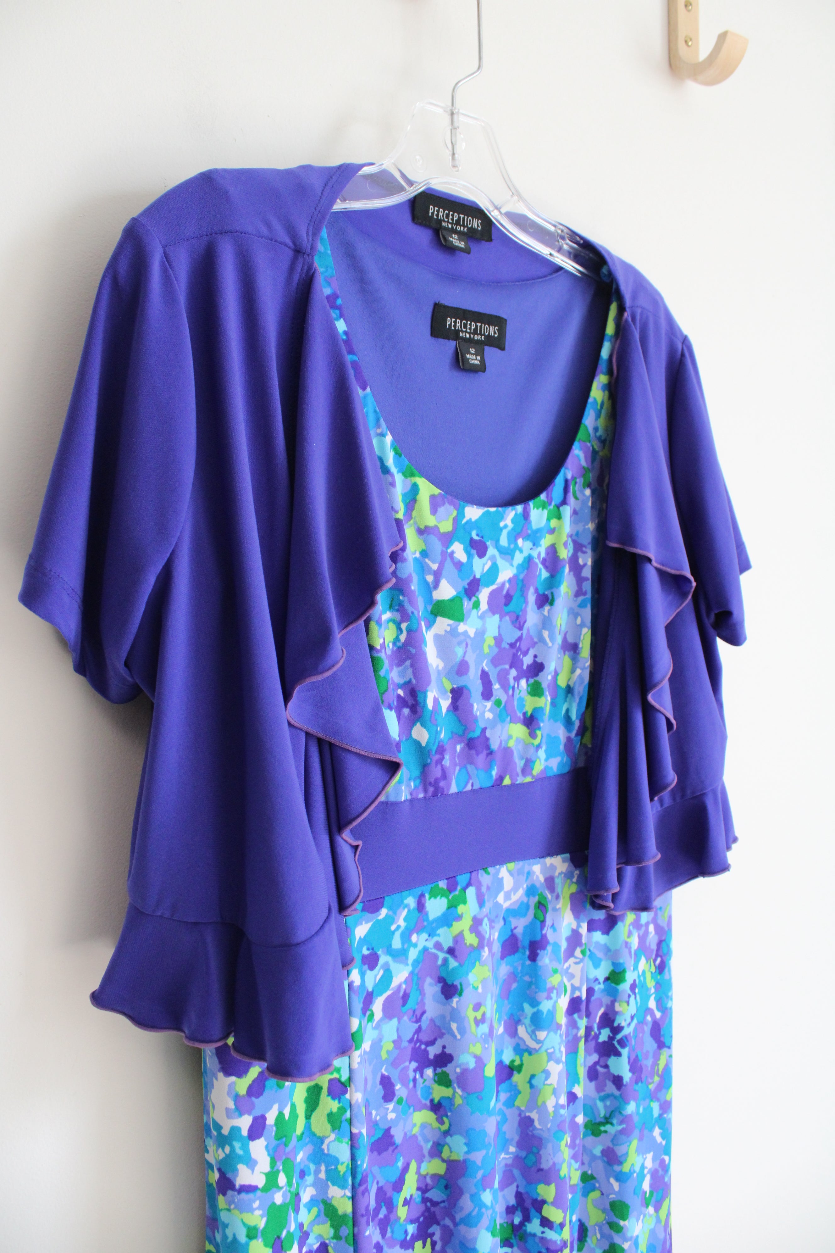 Perceptions Blue Purple & Green Patterned Dress & Shrug Set | 12