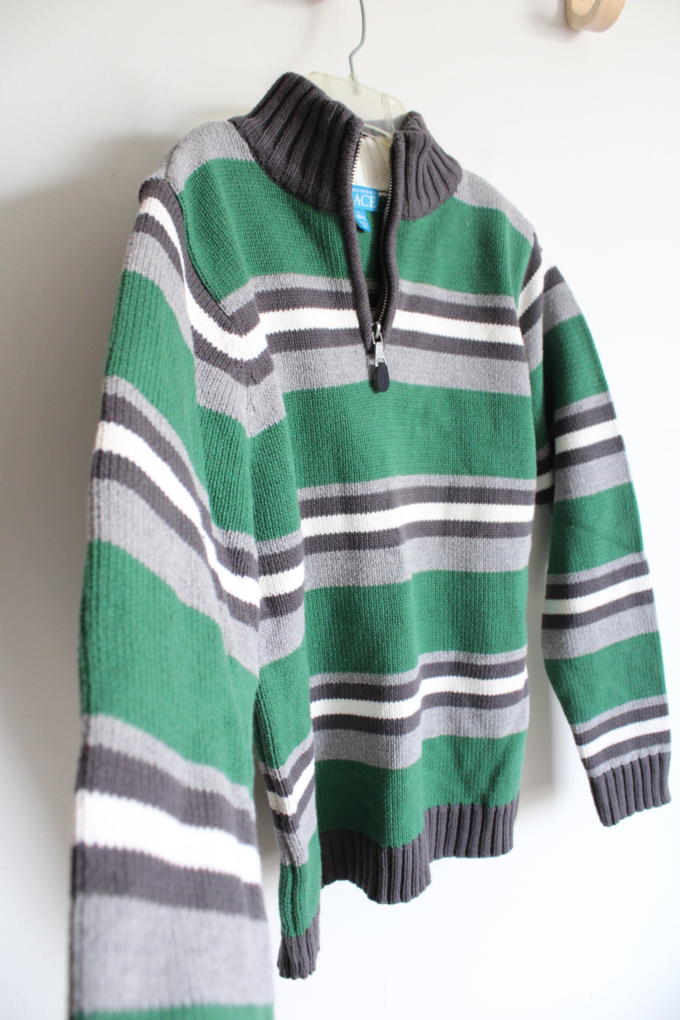 The Children's Place Green Gray Striped Knit 1/4 Zip Sweater | 10/12