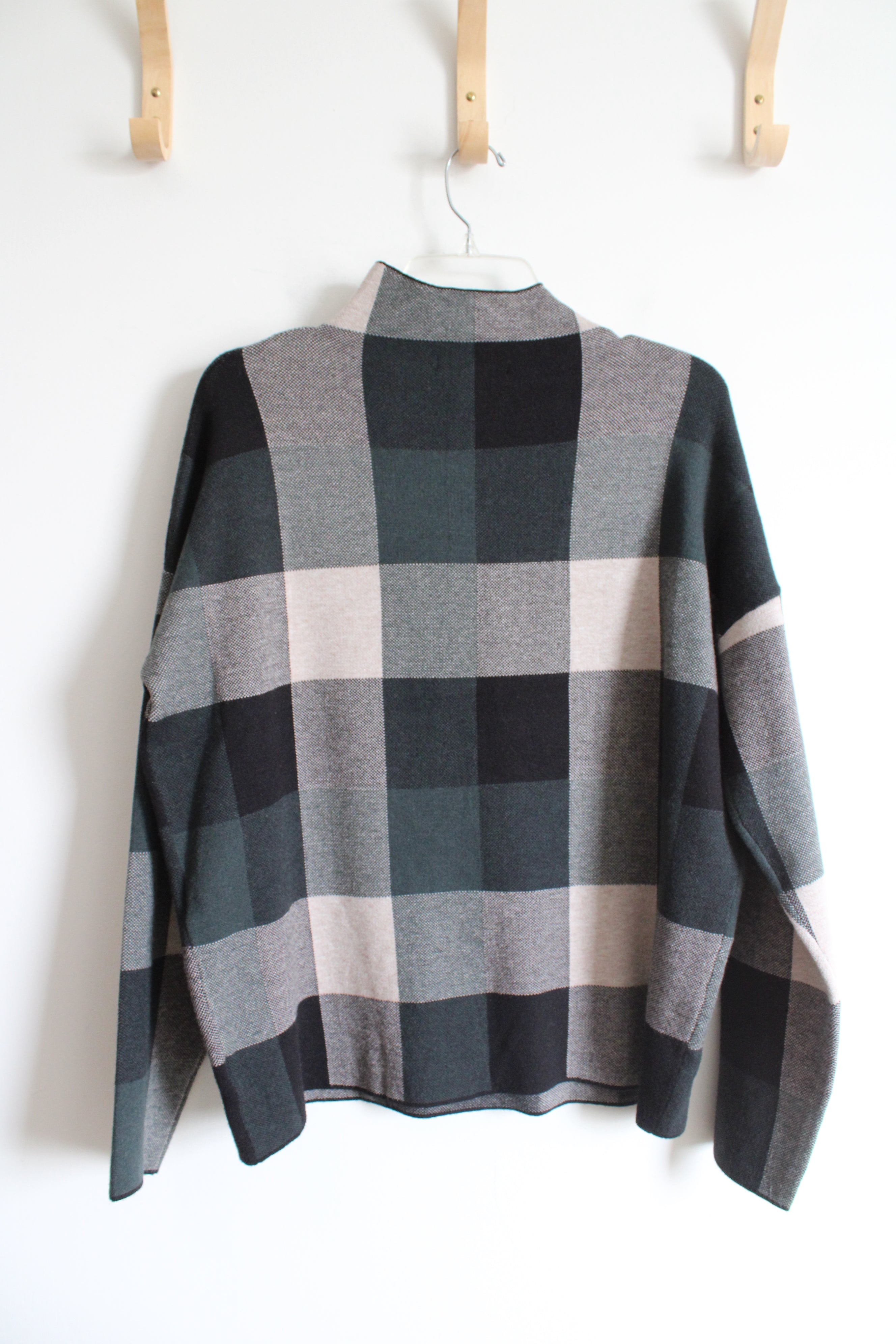 Tahari Black Green & Tan Plaid Mock Neck Sweater | L