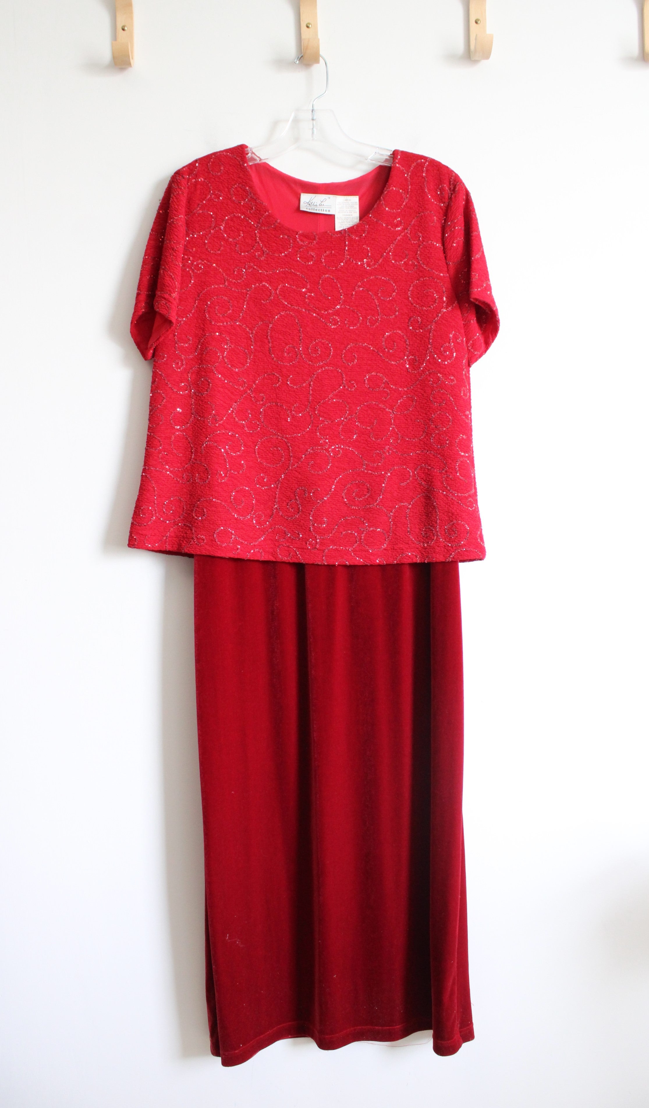 Kathie Lee Collection Red Sequined Swirl Velvet Dress | L