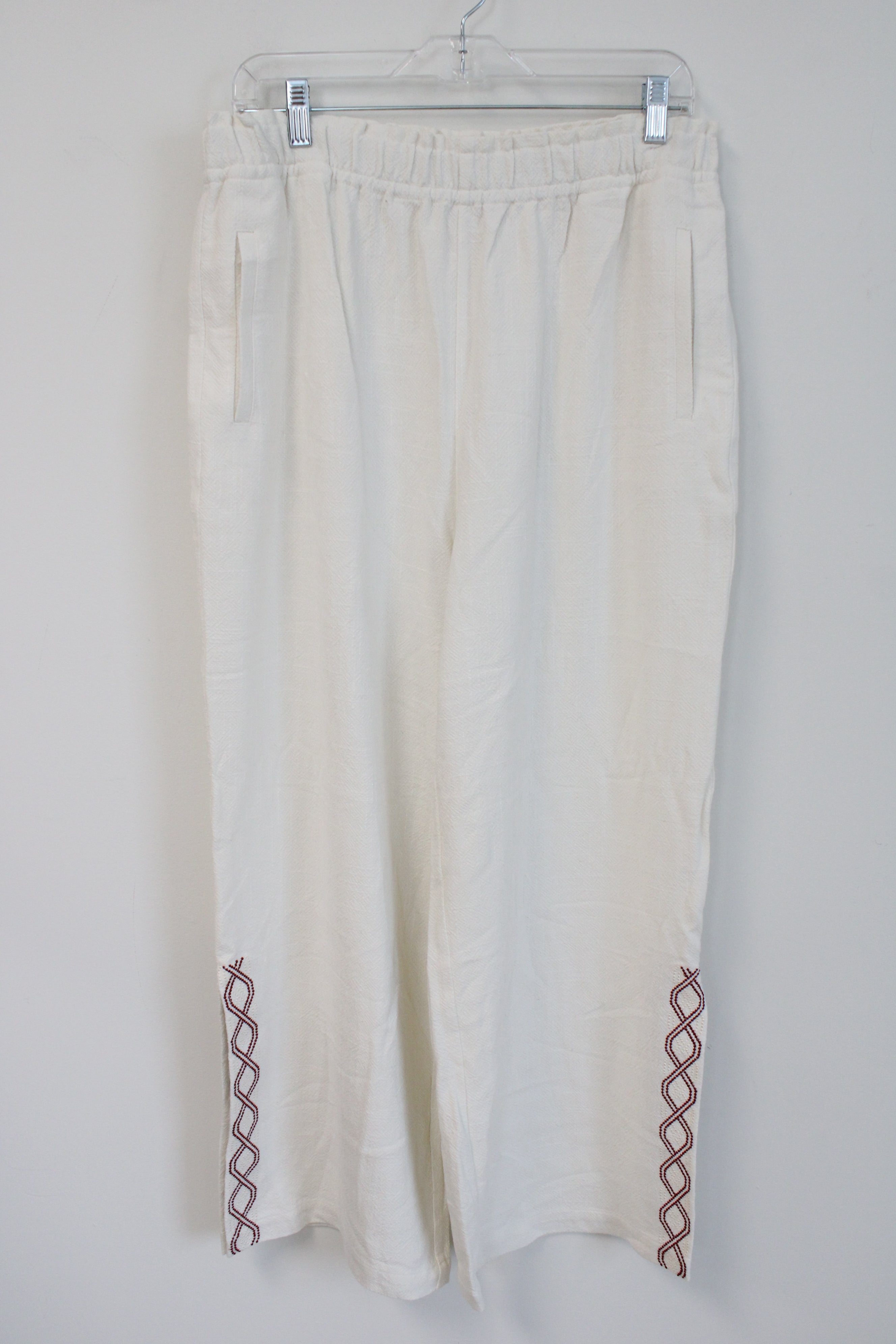 Soft Surroundings White Maroon Embroidered Elastic Waistband Pant | L Petite