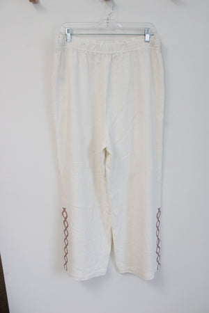 Soft Surroundings White Maroon Embroidered Elastic Waistband Pant | L Petite