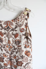 Tan Brown Orange Floral Front Pocket Button Shoulder Linen Blend Dress | M