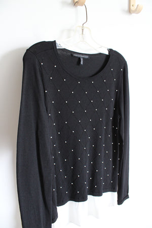 White House Black Market Pearl Studded White Hemmed Sweater | M