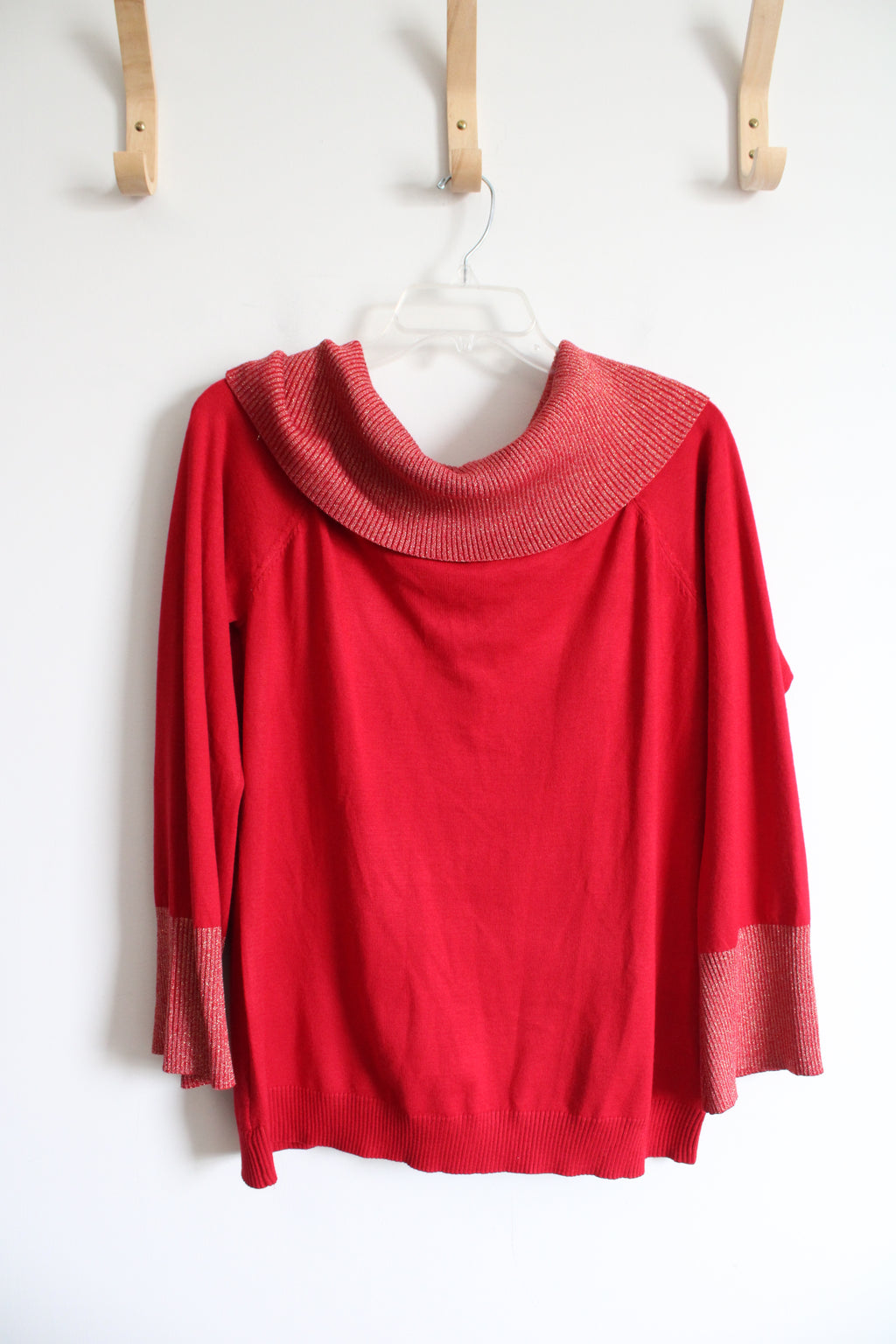 Questions? Red Gold Shimmer Cowl Neck Sweater | L