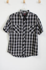 Hawk Gray Black Plaid Short Sleeved Button Down Shirt | XL