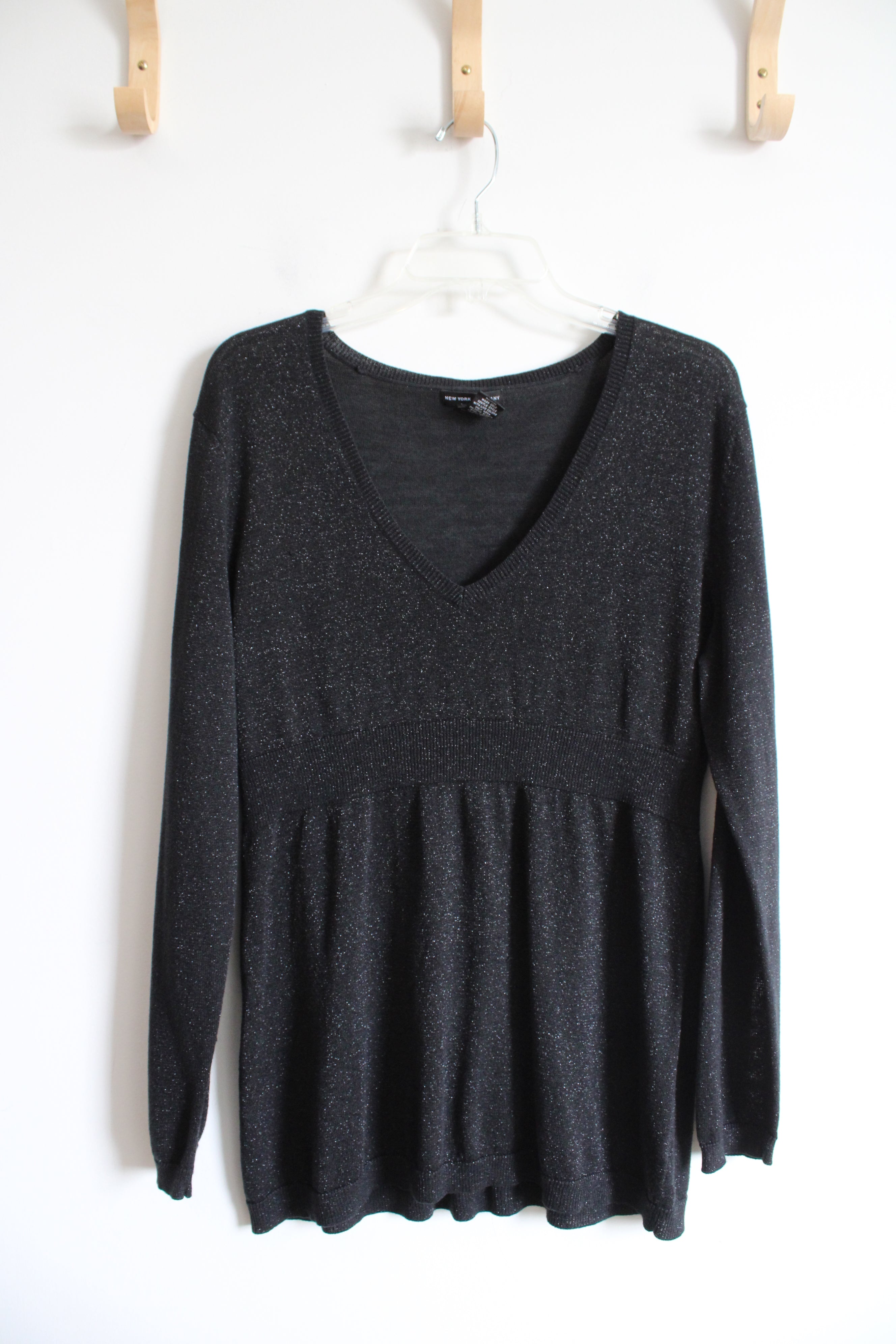 New York & Company Black Shimmer V-Neck Sweater | XL