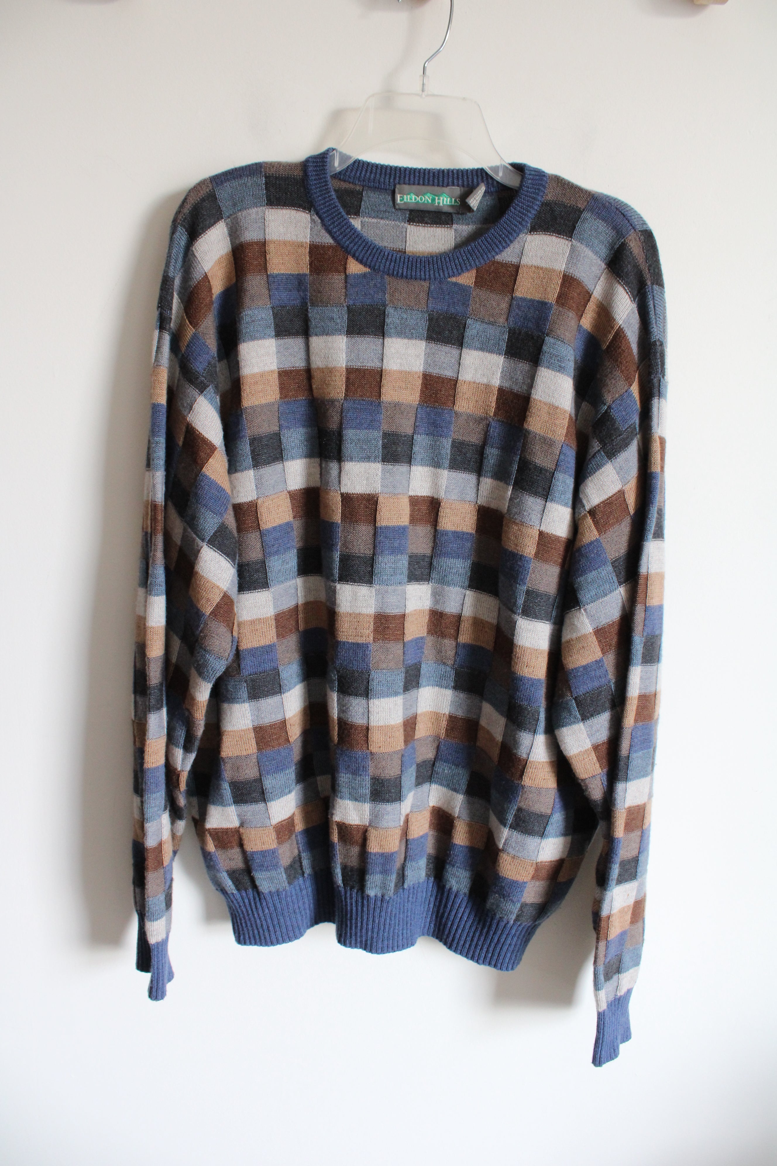 Eldon Hills Blue Brown Checkered Knit Vintage Sweater | XXL