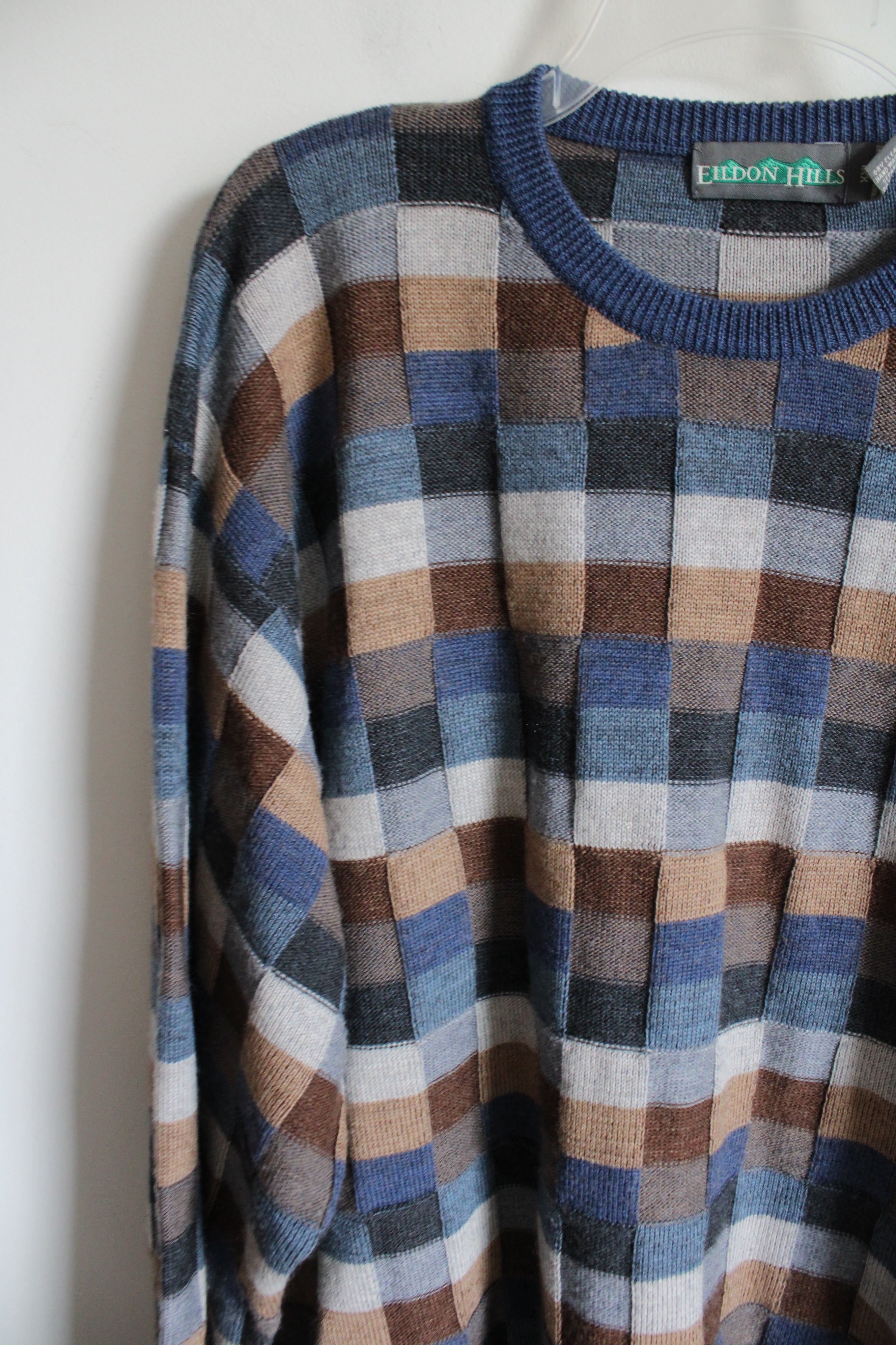 Eldon Hills Blue Brown Checkered Knit Vintage Sweater | XXL