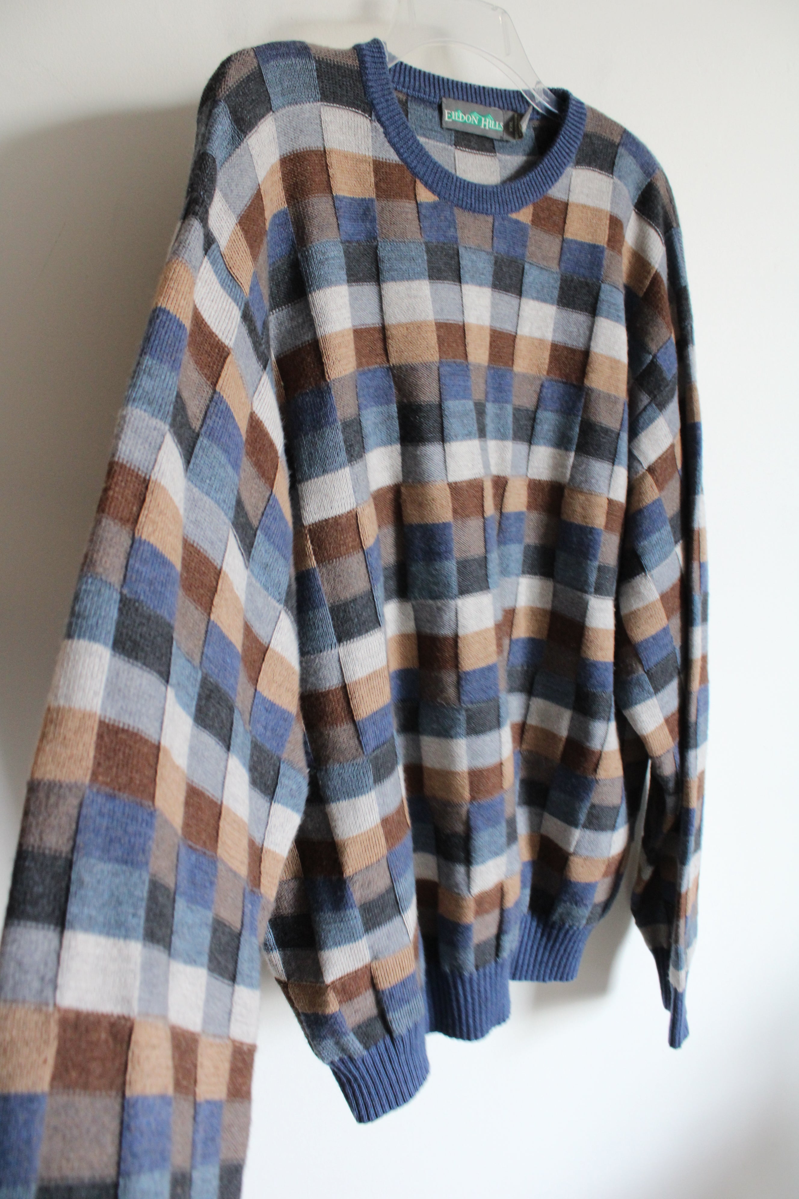 Eldon Hills Blue Brown Checkered Knit Vintage Sweater | XXL