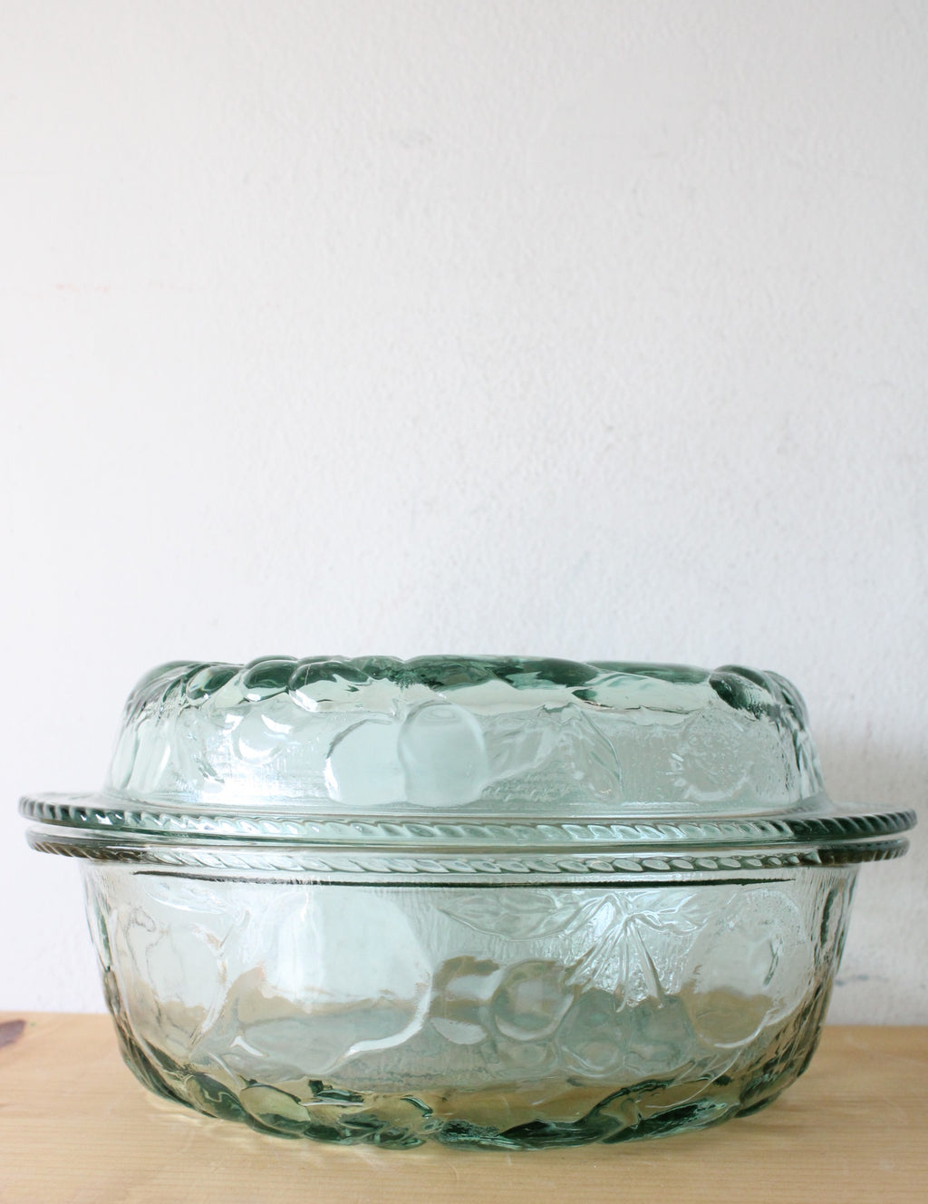 Libbey Glass Green Tinted Fruit Embossed Covered Dish