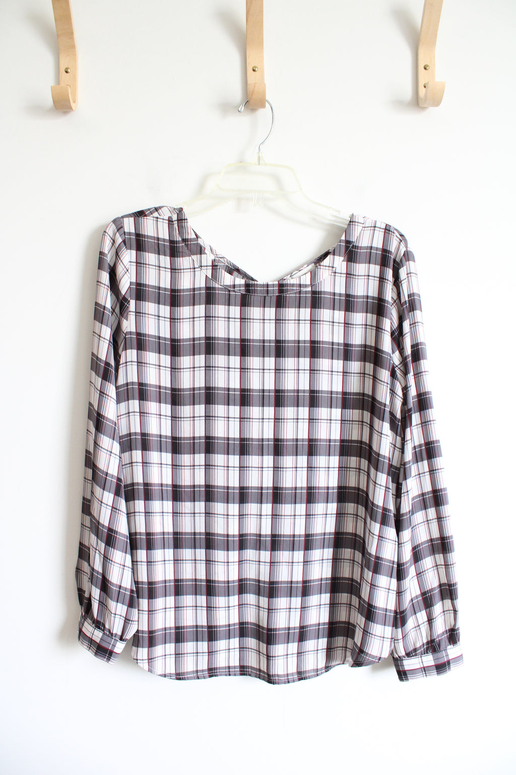 LOFT Gray Black & Red Plaid Long Sleeved Top | M