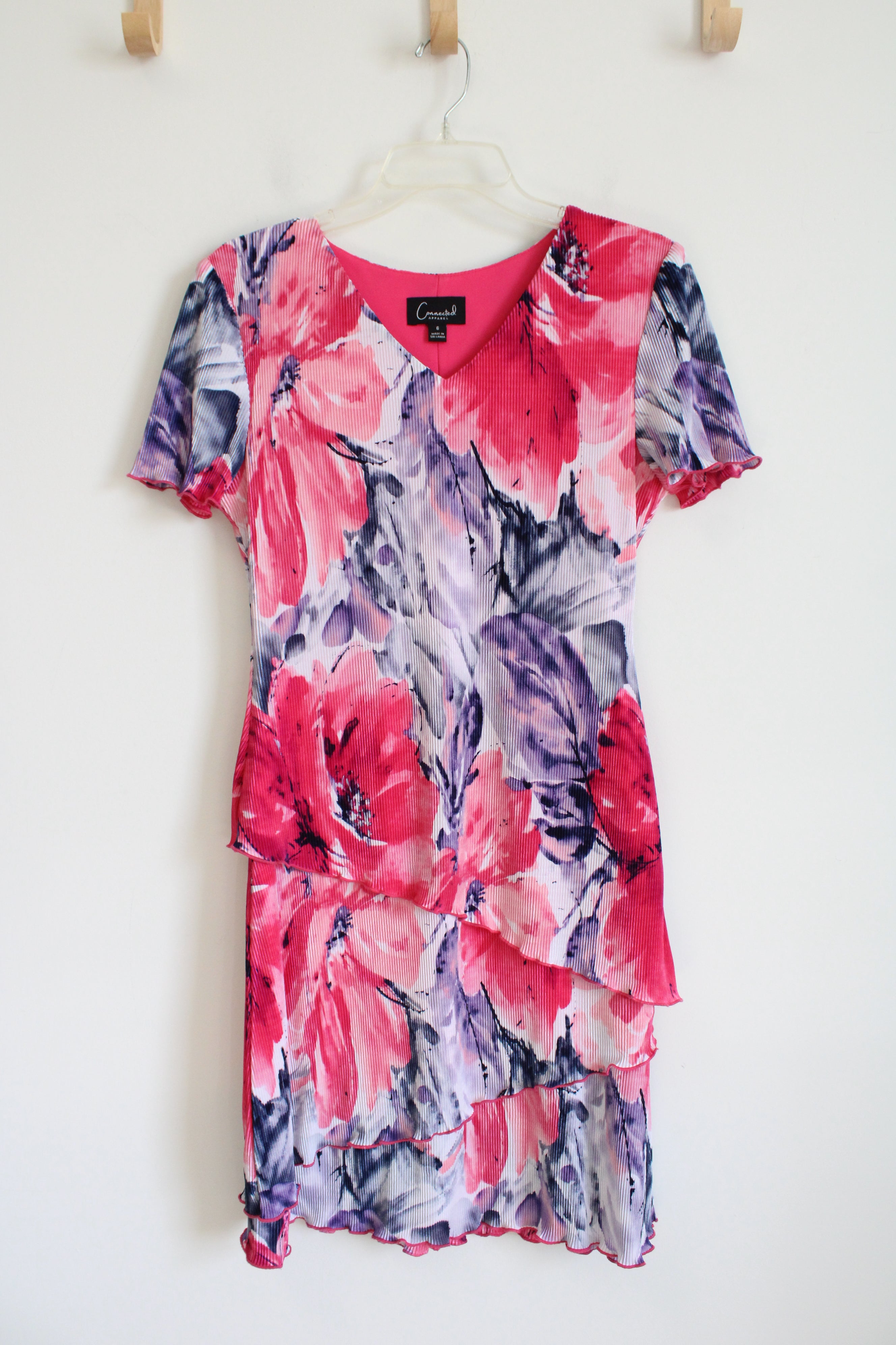 Connected Apparel Blue Purple Pink Floral Ribbed Layered Dress | 6