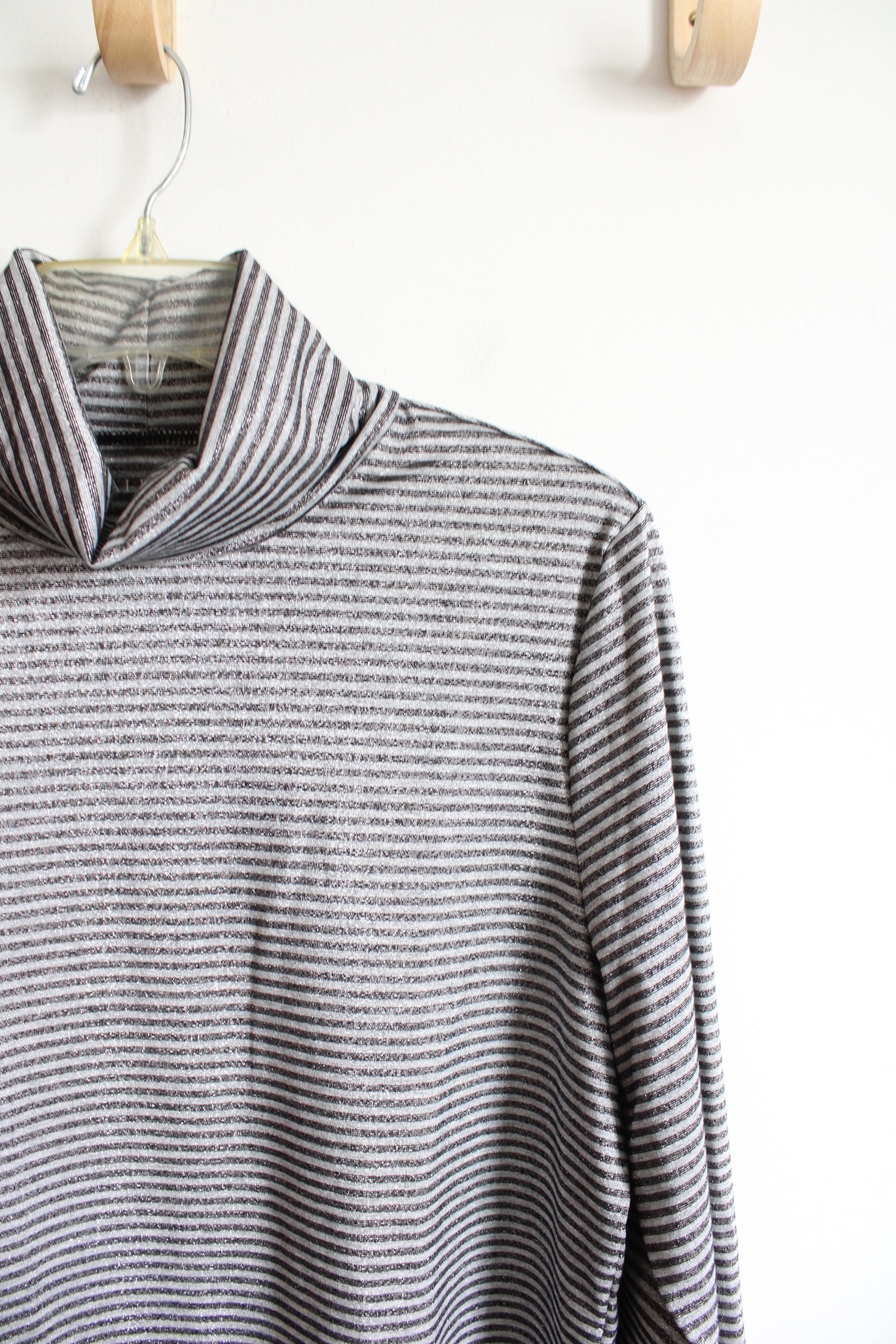 Talbots Gray & Black Striped Shimmer Turtleneck Top | L