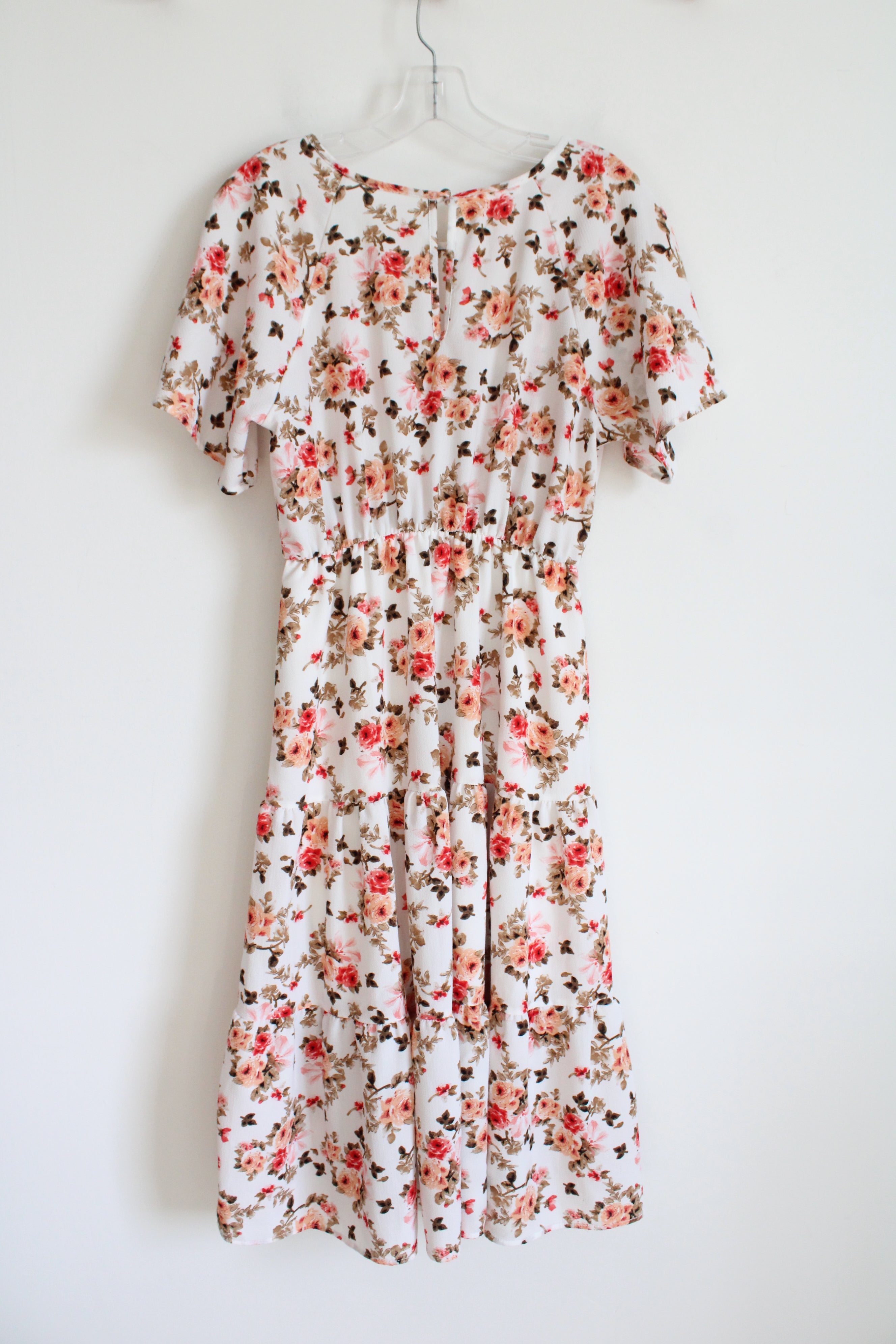 Reborn White Red & Peach Rose Floral Tiered Dress | M