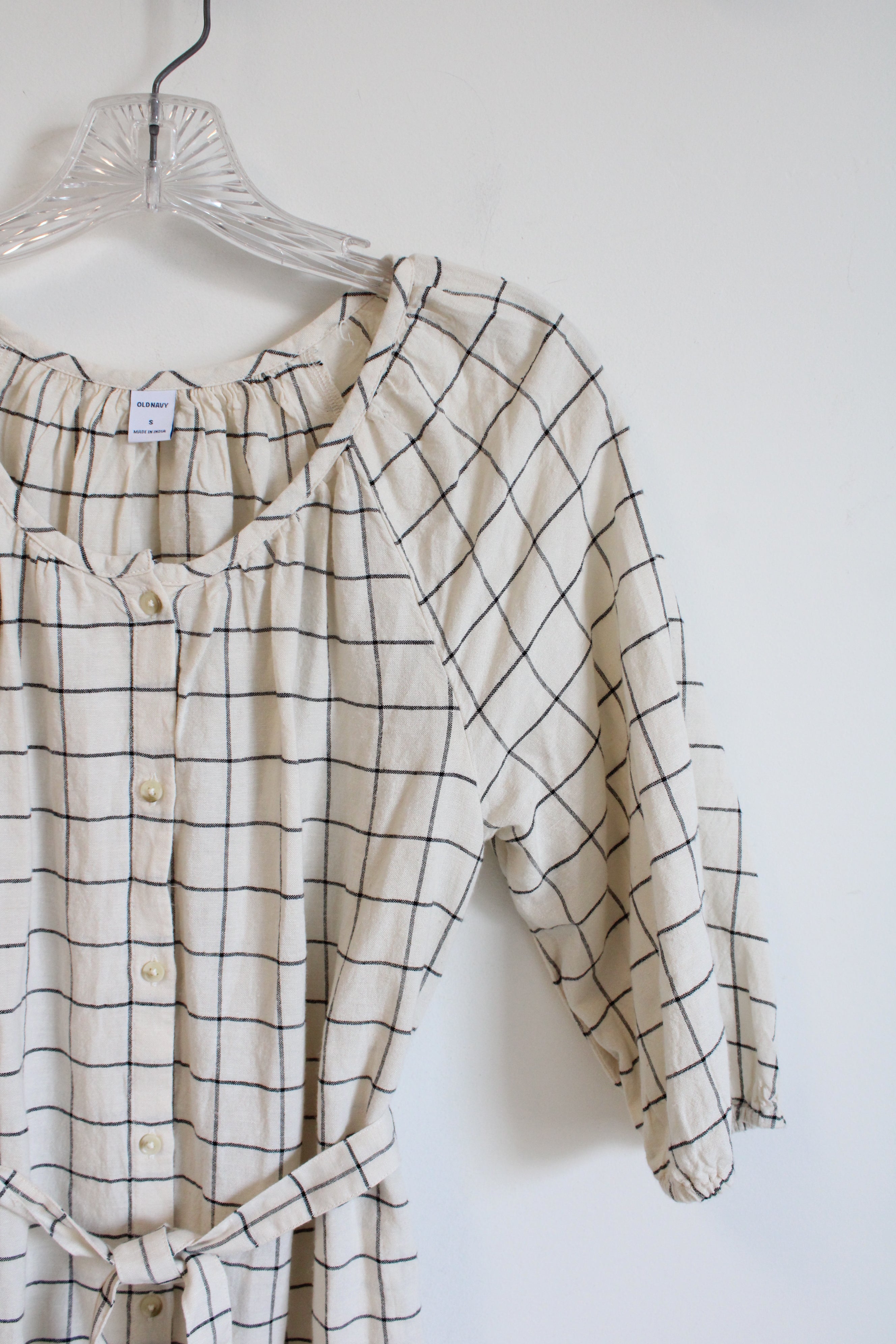 Old Navy Cream & Black Plaid Button Down Tied Dress | S