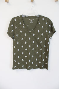 NEW Architect Cactus Print Olive Green V-Neck Top | S Petite