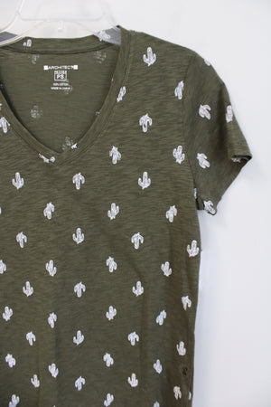 NEW Architect Cactus Print Olive Green V-Neck Top | S Petite