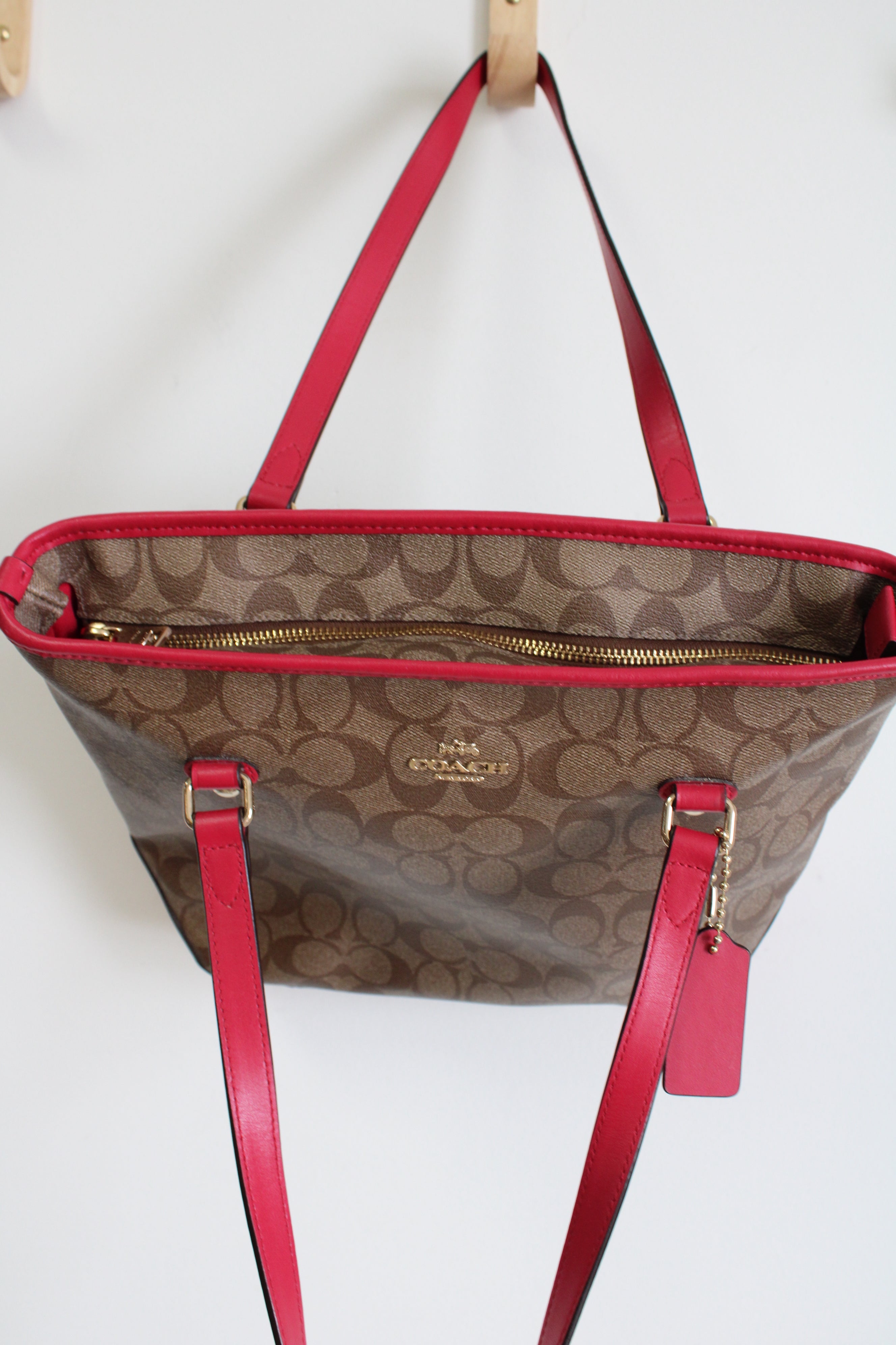 Coach Tan & Dark Pink Monogram Tote Purse