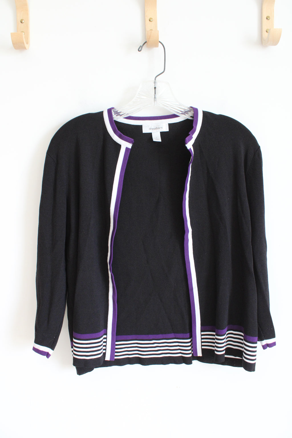 Dressbarn Purple & White Striped Edged Black Cardigan | L