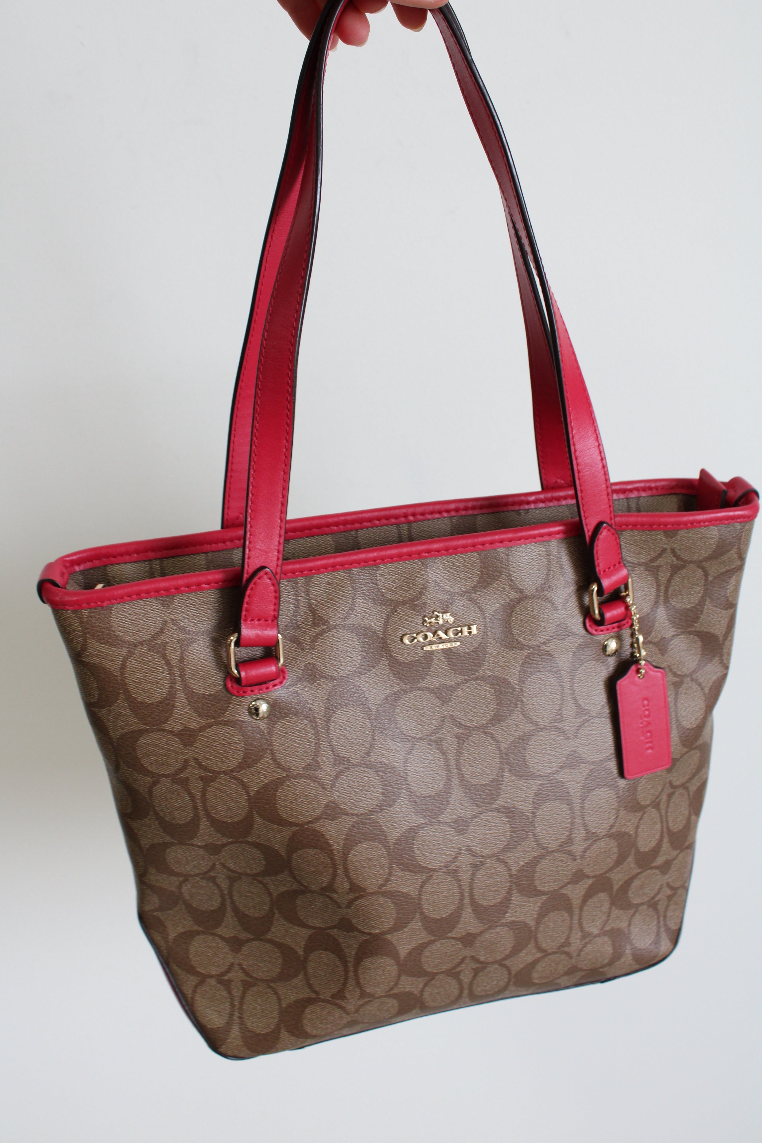 Coach Tan Dark Pink Monogram Tote Purse Jubilee Thrift