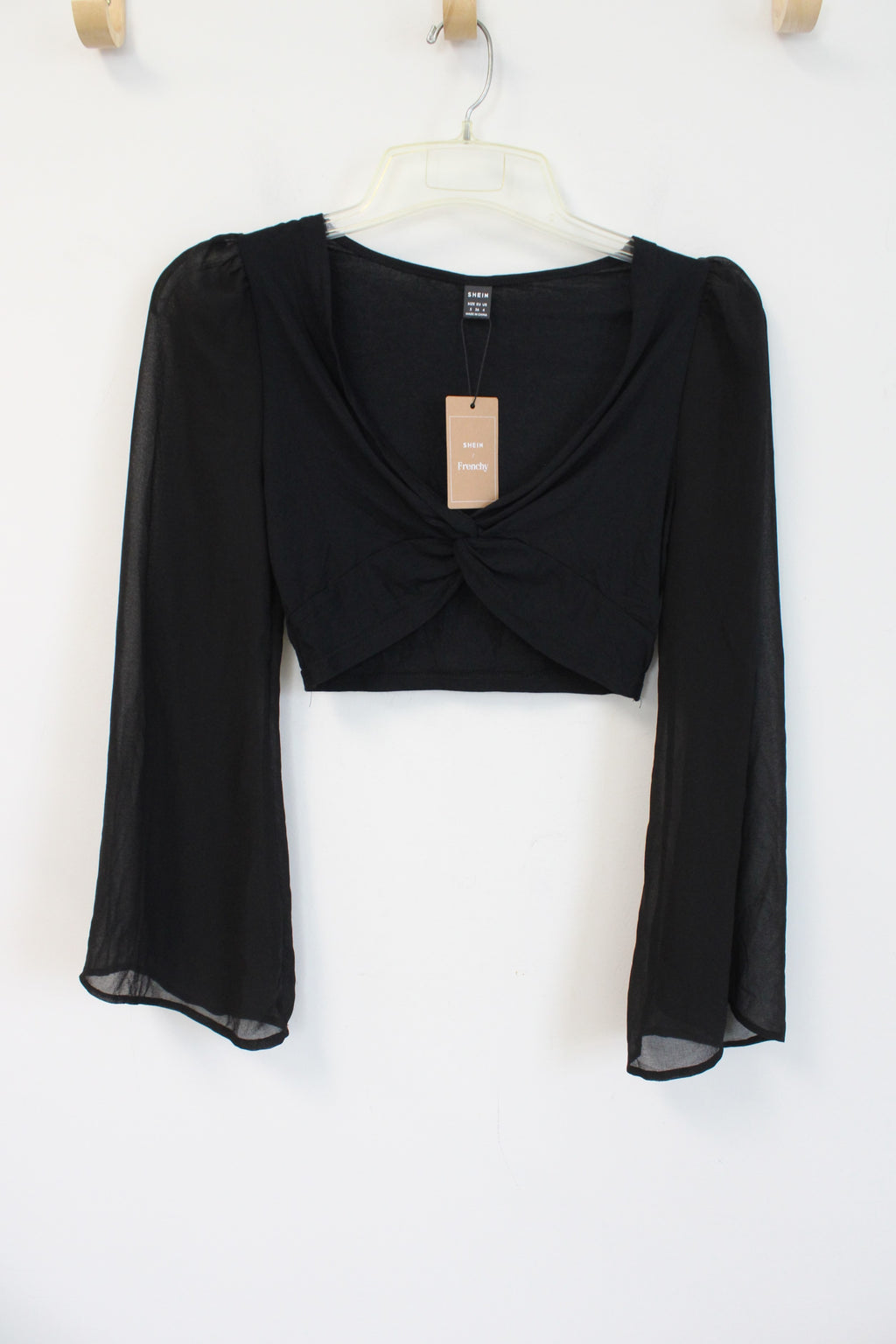 NEW Shein Black Long Sleeved Knotted Cropped Top | S