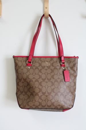 Coach Tan & Dark Pink Monogram Tote Purse