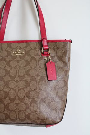 Coach Tan & Dark Pink Monogram Tote Purse