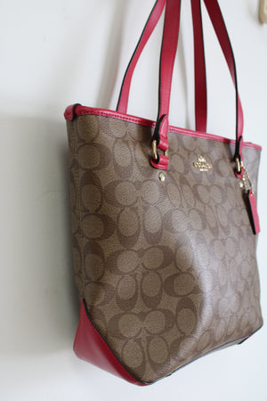 Coach Tan & Dark Pink Monogram Tote Purse