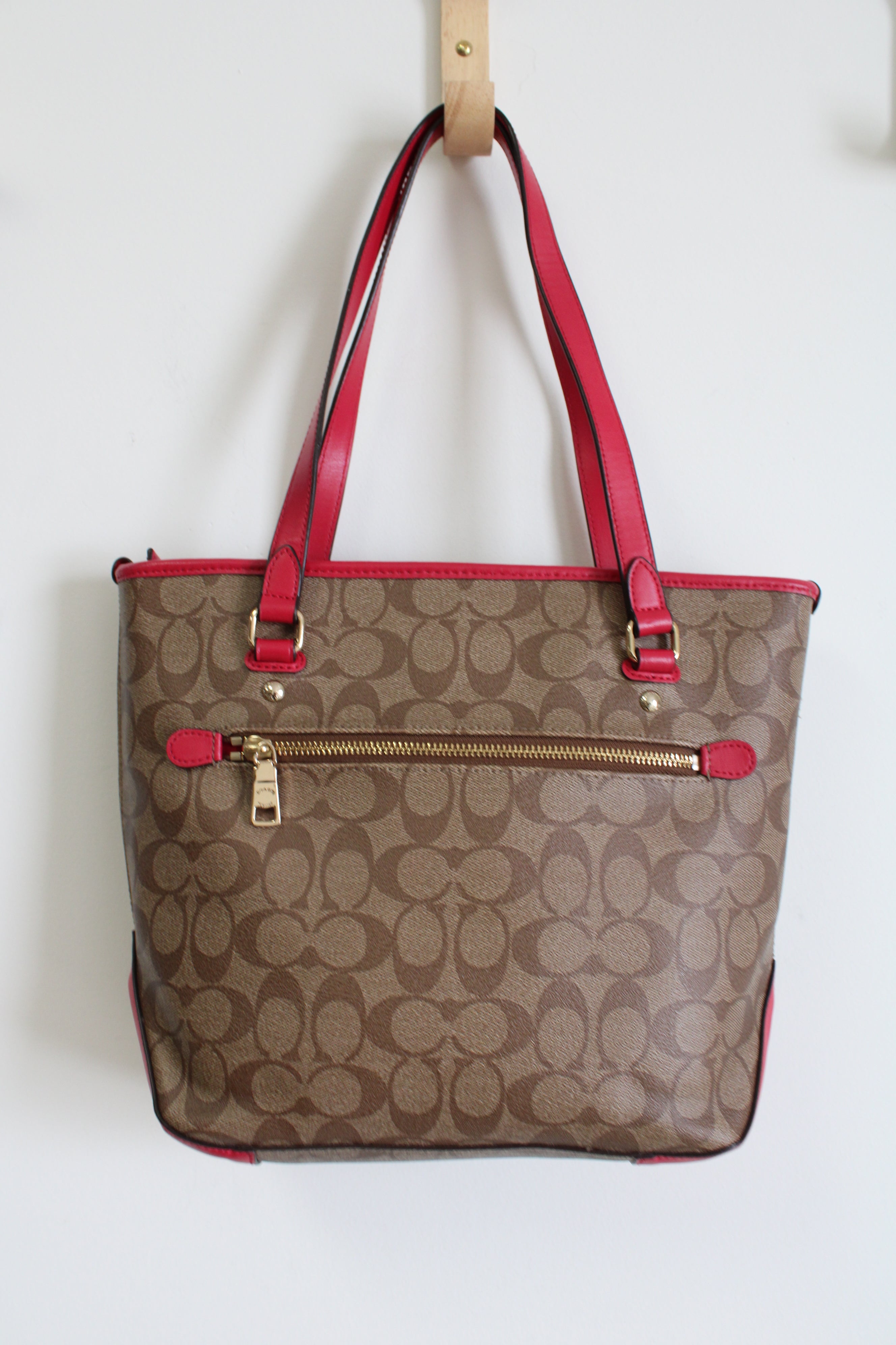 Coach Tan & Dark Pink Monogram Tote Purse