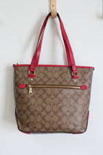 Coach Tan & Dark Pink Monogram Tote Purse